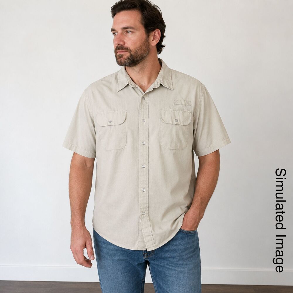 Haband Travelers Mens XL Beige Pearl Snap Safari Fishing Short Sleeve Shirt